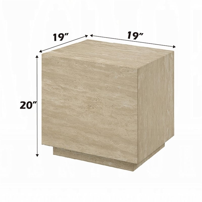 Lory Side End Table-19 Inch Square Travertine Top-Natural Wood Beige