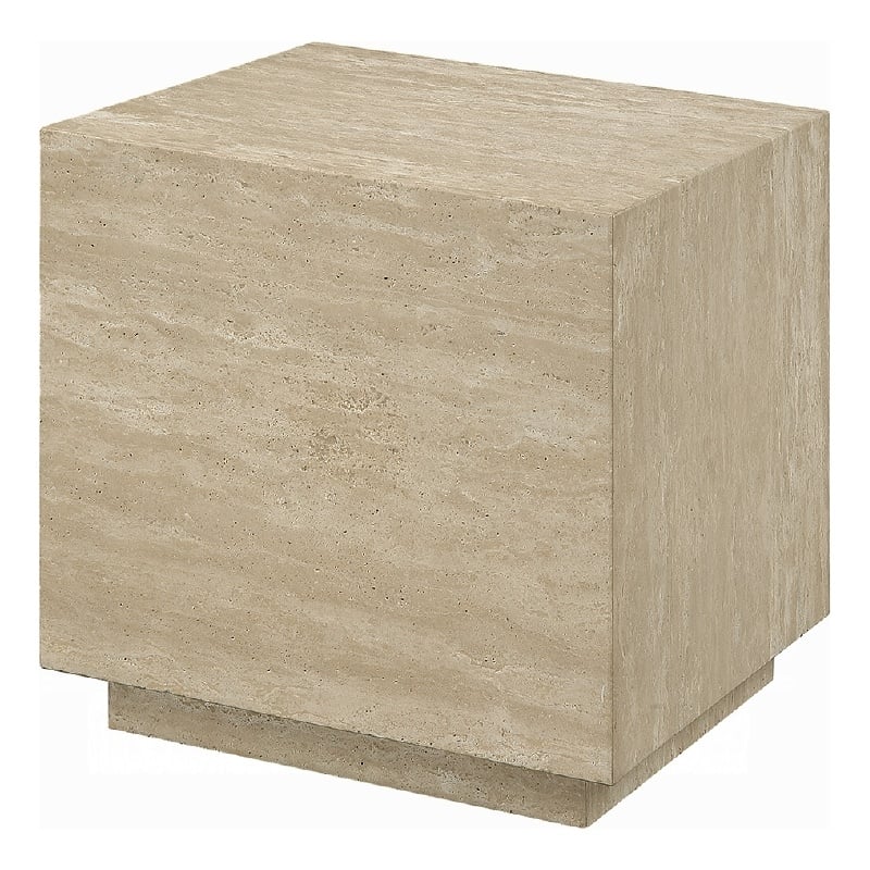 Lory Side End Table-19 Inch Square Travertine Top-Natural Wood Beige