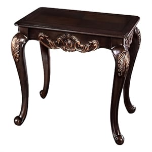 Astor End Table-29 Inch Dark Cherry Brown Wood-Carved Details