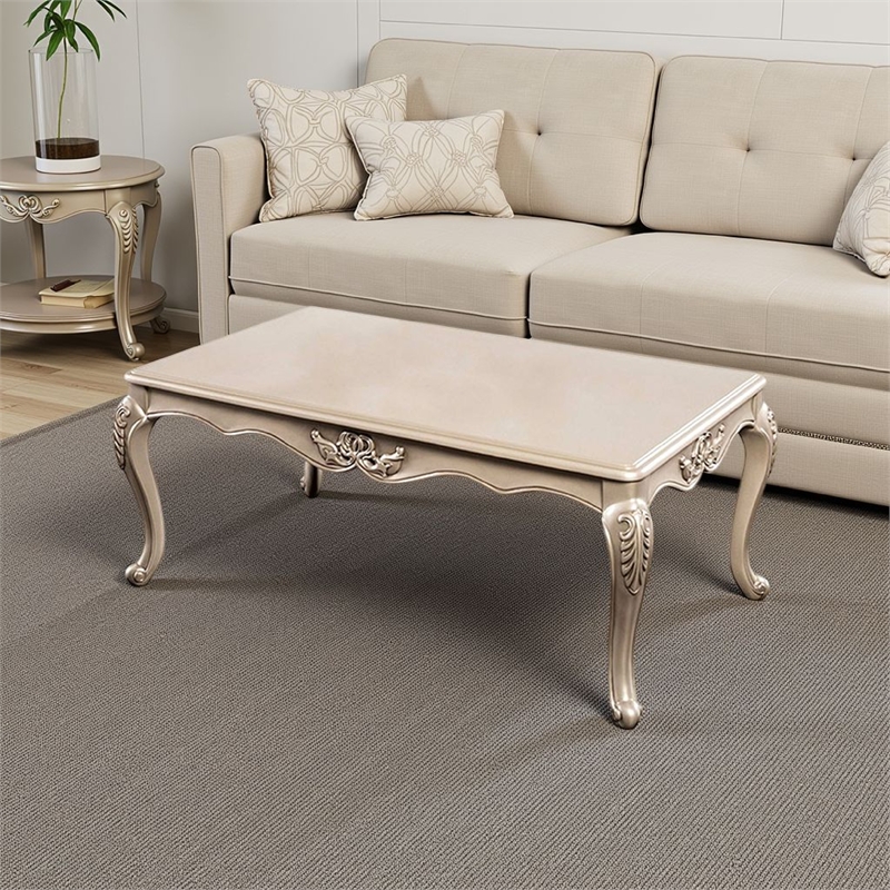 Ery Coffee Table-Champagne Wood Frame-Carved Details-48 Inch