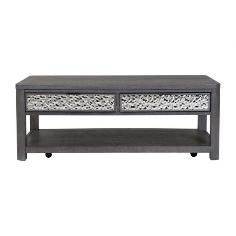 Zoko 48 Inch Coffee Table-Caster Wheels-Drawers-Ash Gray Rubberwood