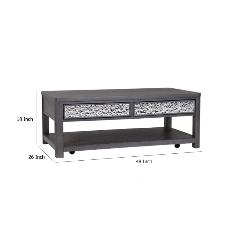 Zoko 48 Inch Coffee Table-Caster Wheels-Drawers-Ash Gray Rubberwood