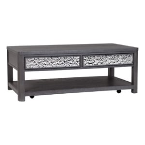 Zoko 48 Inch Coffee Table-Caster Wheels-Drawers-Ash Gray Rubberwood
