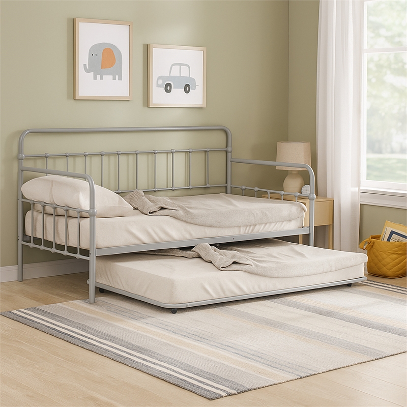 Tes Daybed with Pull Out Trundle-Classic Silver Metal Open Frame