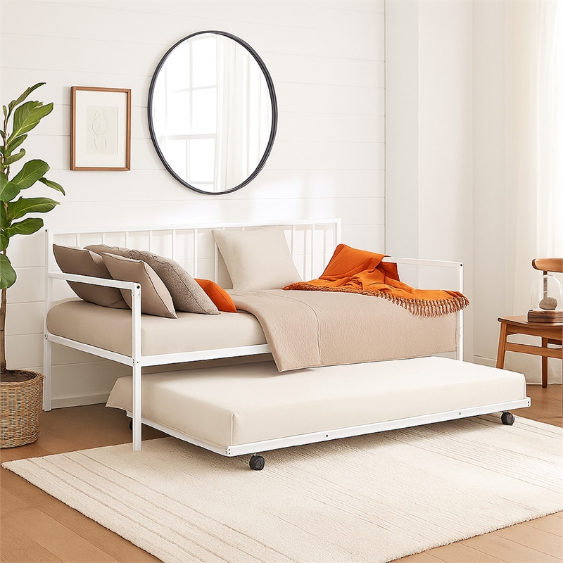 Ham Daybed with Pull Out Trundle-White Slatted Open Metal Frame