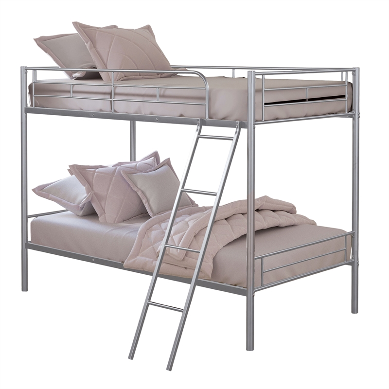 Cet Twin Over Twin Bunk Bed-Silver Metal Frame-Attached Ladder