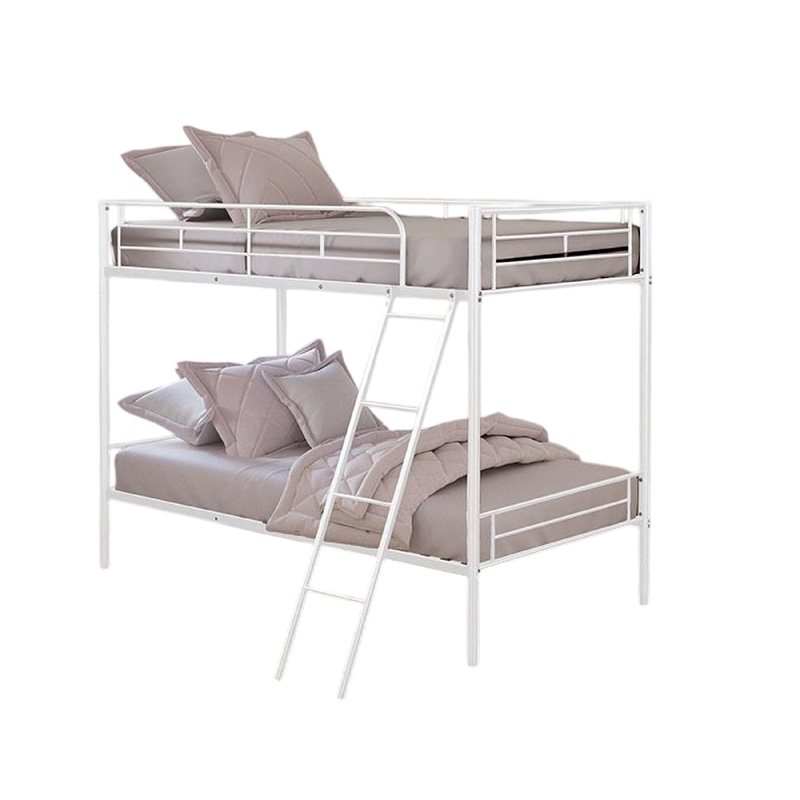Cet Twin Over Twin Bunk Bed-White Metal Frame-Attached Angled Ladder