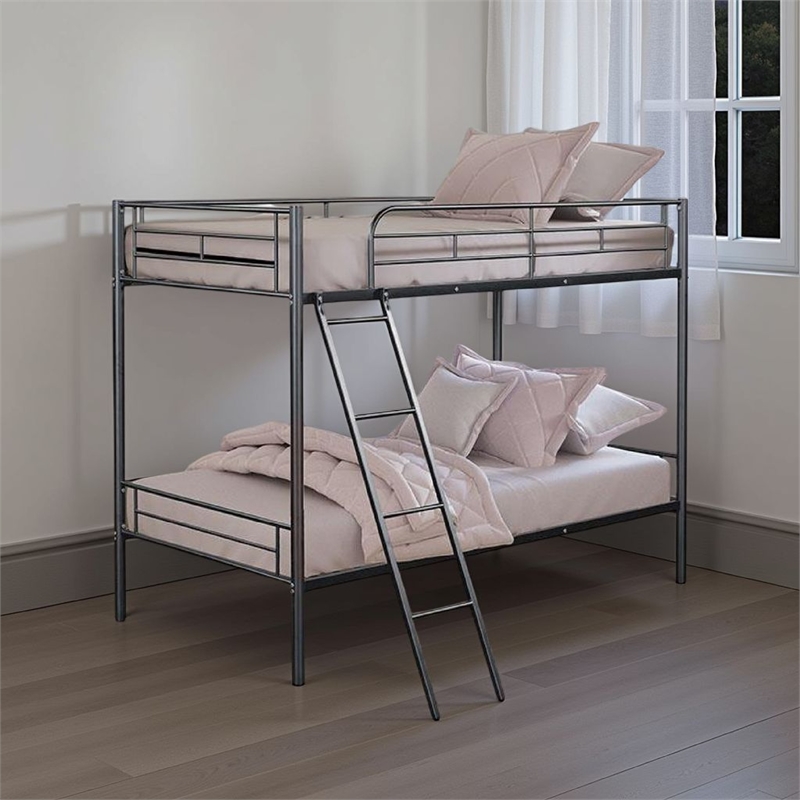 Cet Twin Over Twin Bunk Bed-White Metal Frame-Attached Angled Ladder