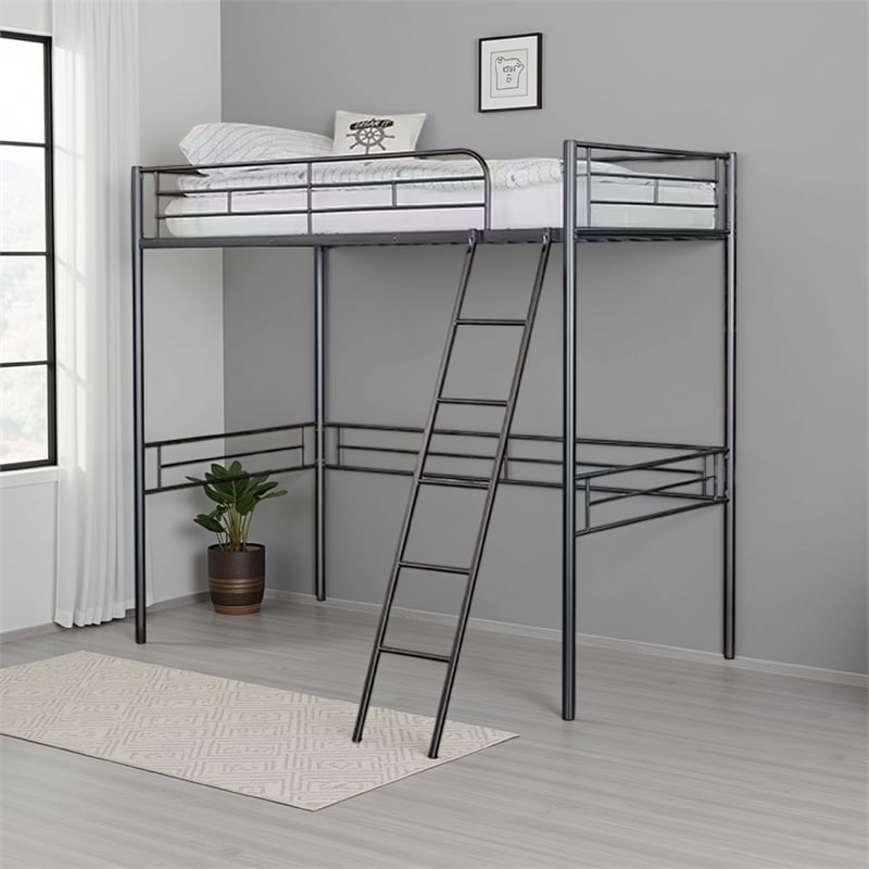 Mylz Twin Loft Bed-Black Metal Frame with Attached Angled Ladder