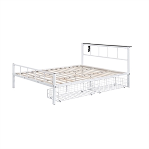 Nix Queen Size Bed w Underbed Storage-Slatted White Metal Headboard