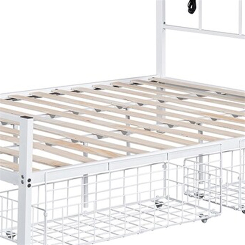 Nix Queen Size Bed w Underbed Storage-Slatted White Metal Headboard