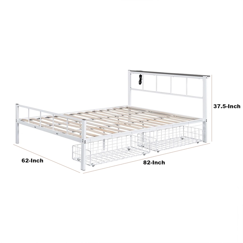 Nix Queen Size Bed w Underbed Storage-Slatted White Metal Headboard