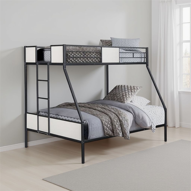 Mely Twin over Full Bunk Bed-Attached Side Ladder-Black and White Metal