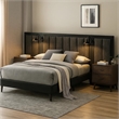 Fel Queen Size Bed-Dark Brown Wood Frame-Upholstered Headboard