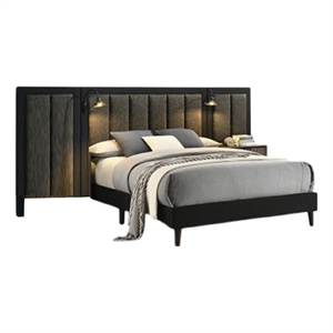 Fel Queen Size Bed-Dark Brown Wood Frame-Upholstered Headboard