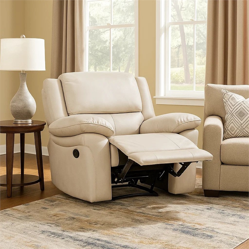 Larus Manual Recliner Chair-Pillow Top Arms-Off White Leather Match