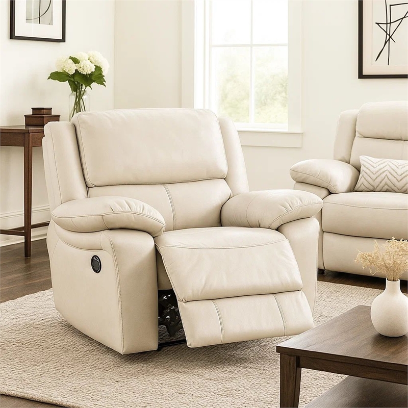 Larus Manual Recliner Chair-Pillow Top Arms-Off White Leather Match