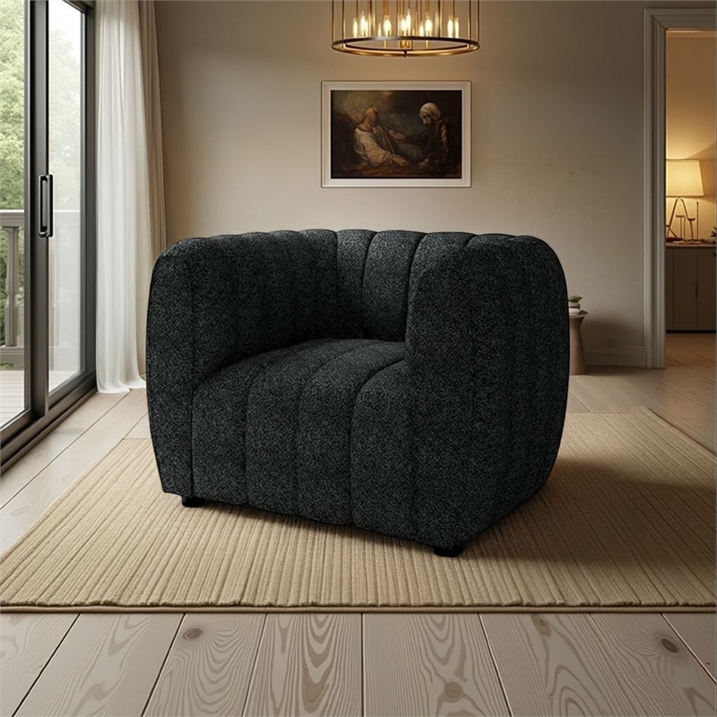 Hery Accent Armchair- 36 Inch- Black Boucle- Vertical Channel Tufted