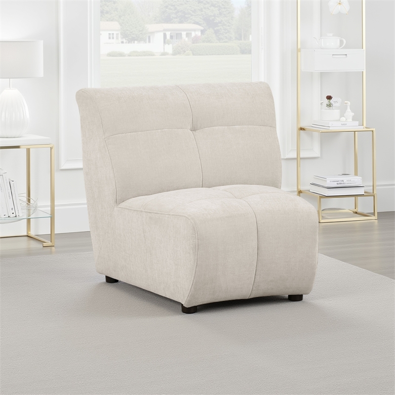 Hia Modular Armless Sofa Chair- Low Profile- Tufted Ivory White Silk Fabric