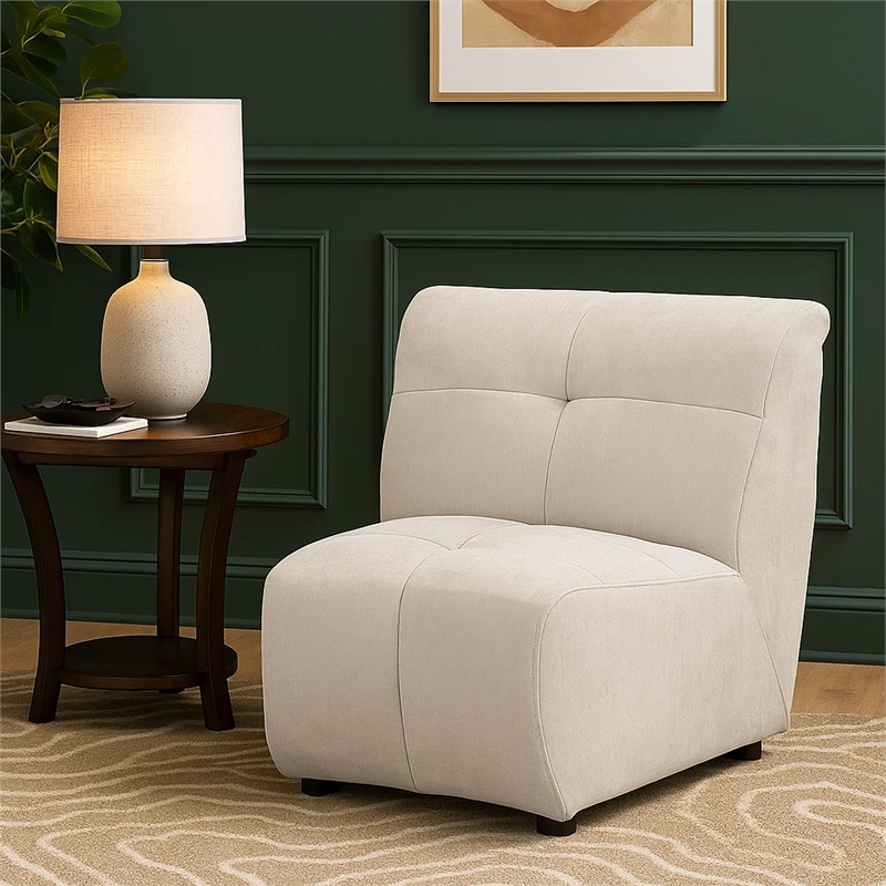 Hia Modular Armless Sofa Chair- Low Profile- Tufted Ivory White Silk Fabric