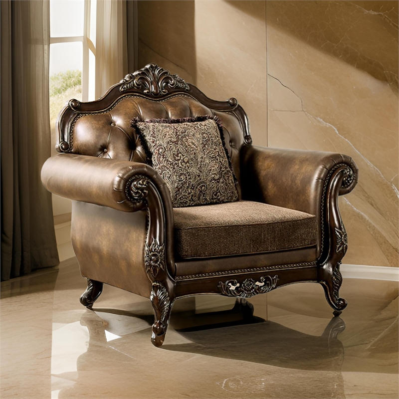 Sena Accent Chair- Dark Faux Leather- Rolled Arms- Cherry Brown Solid Wood