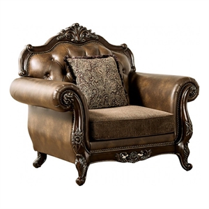 Sena Accent Chair- Dark Faux Leather- Rolled Arms- Cherry Brown Solid Wood