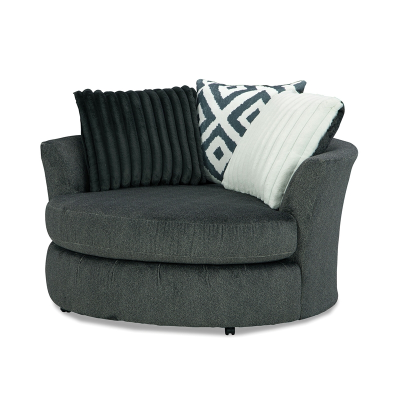 Laila Swivel Accent Chair- 3 Throw Pillows- Round Back Dark Gray Chenille