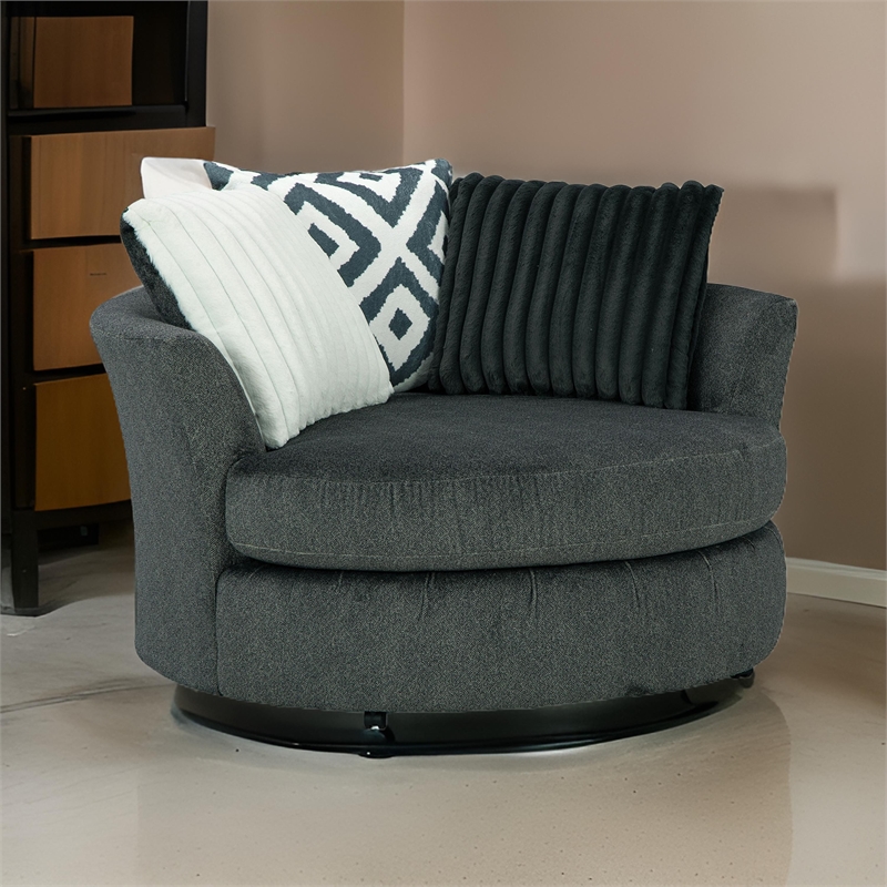 Laila Swivel Accent Chair- 3 Throw Pillows- Round Back Dark Gray Chenille