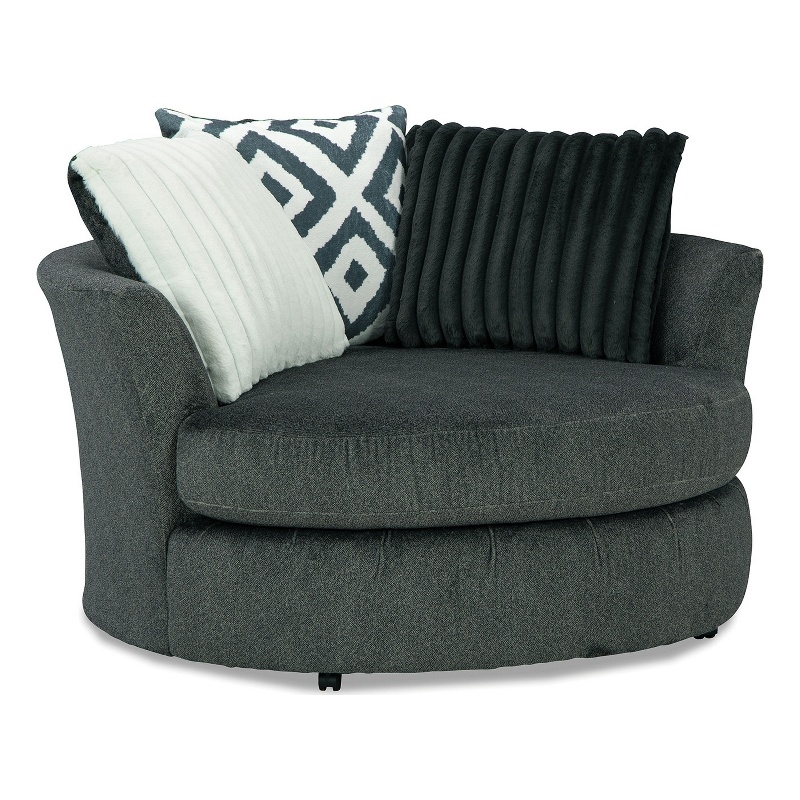 Laila Swivel Accent Chair- 3 Throw Pillows- Round Back Dark Gray Chenille