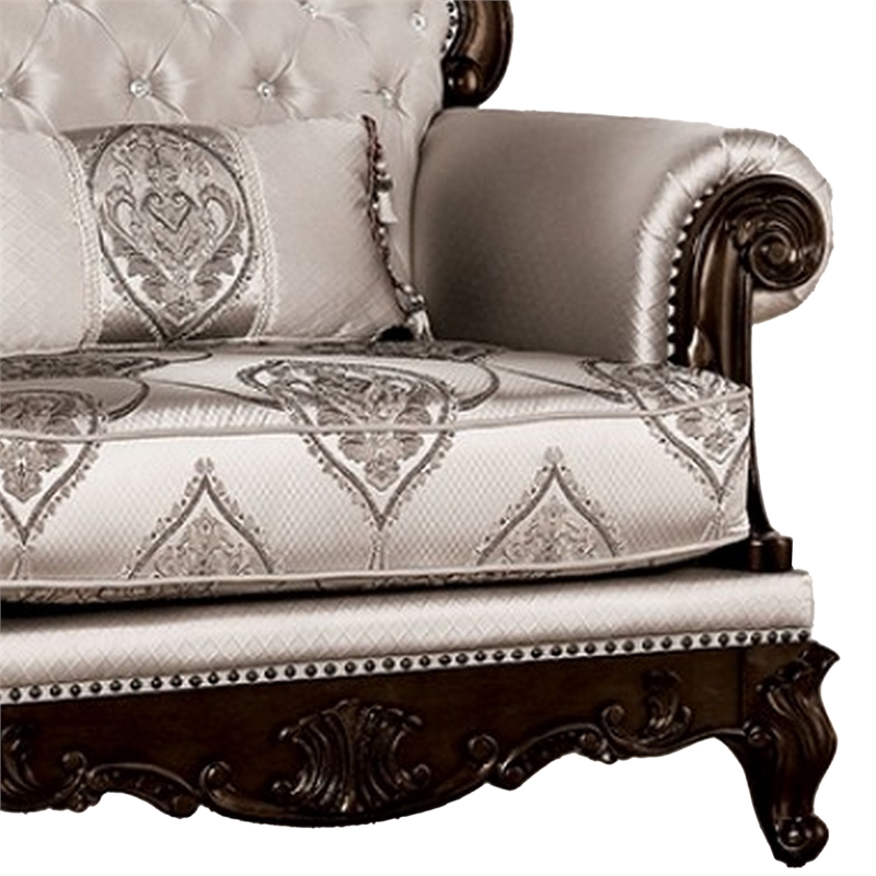 Vera Accent Chair- Tufted Jacquard Pattern- Carved Dark Cherry Brown- Beige