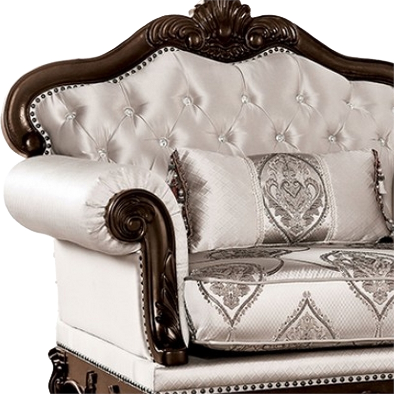 Vera Accent Chair- Tufted Jacquard Pattern- Carved Dark Cherry Brown- Beige