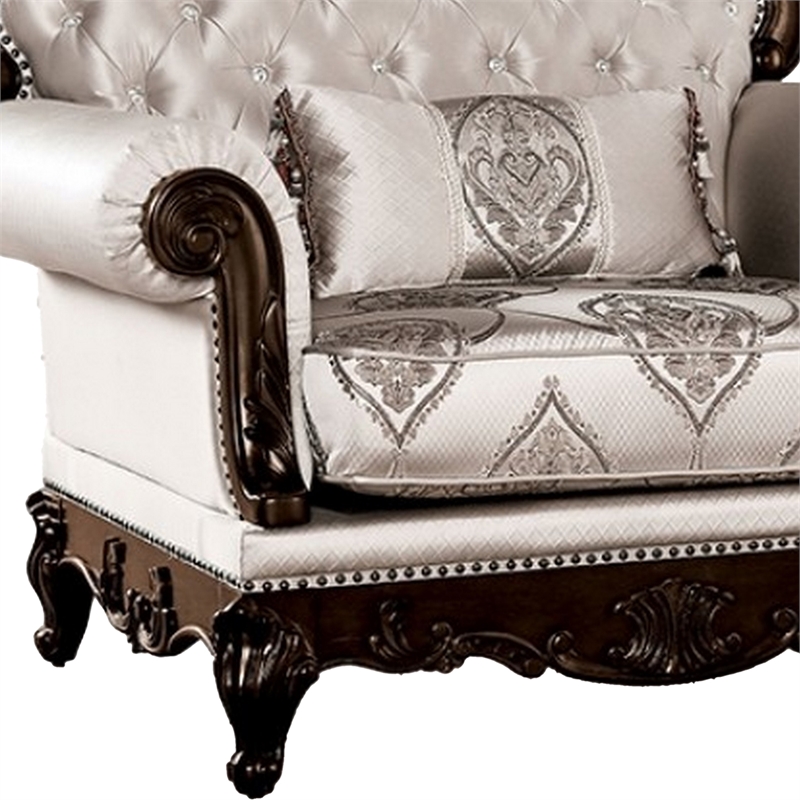 Vera Accent Chair- Tufted Jacquard Pattern- Carved Dark Cherry Brown- Beige