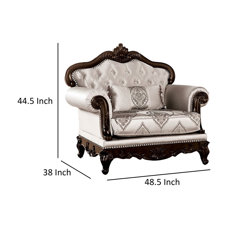 Vera Accent Chair- Tufted Jacquard Pattern- Carved Dark Cherry Brown- Beige