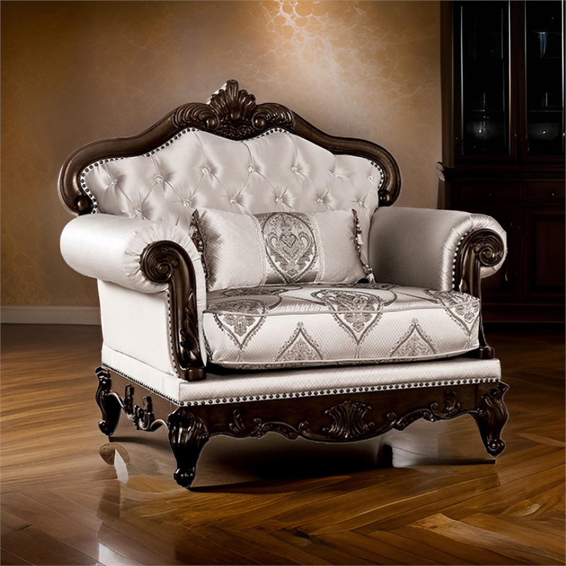 Vera Accent Chair- Tufted Jacquard Pattern- Carved Dark Cherry Brown- Beige