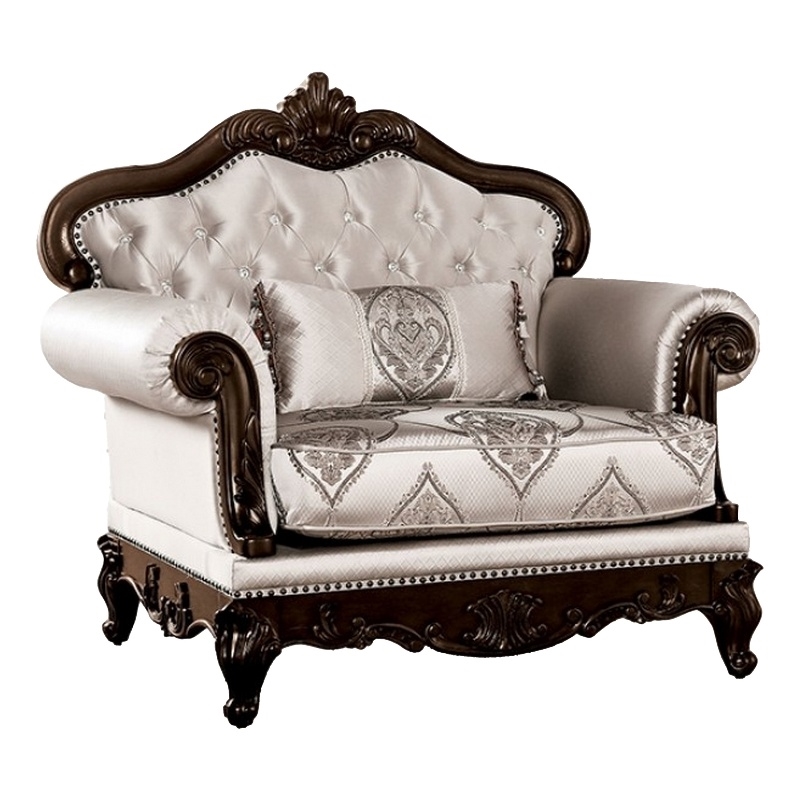 Vera Accent Chair- Tufted Jacquard Pattern- Carved Dark Cherry Brown- Beige