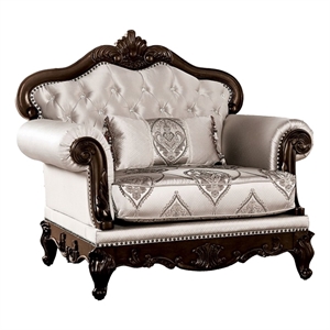 Vera Accent Chair- Tufted Jacquard Pattern- Carved Dark Cherry Brown- Beige