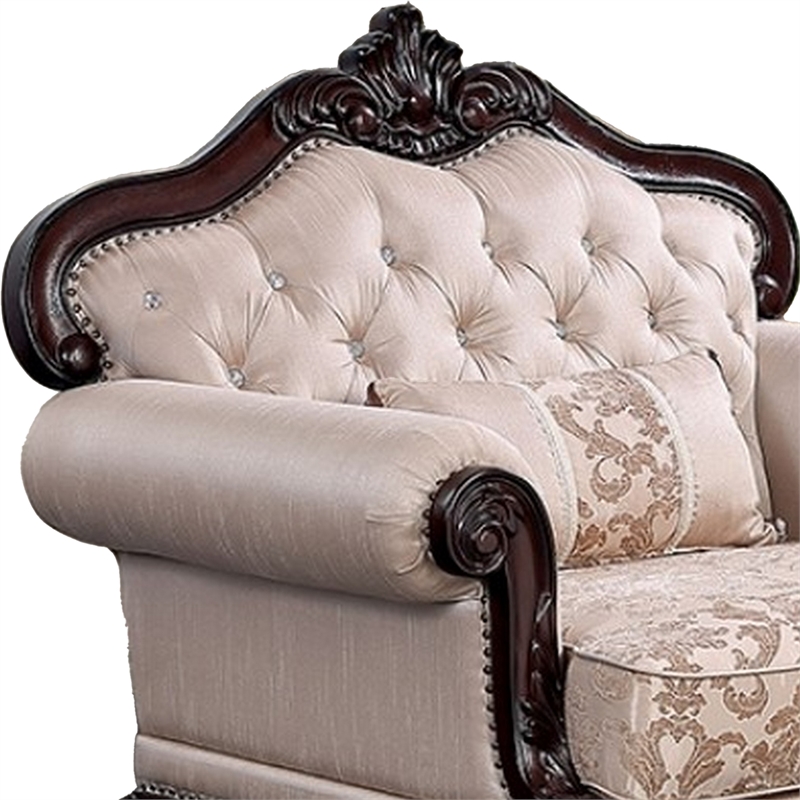 Vera Accent Chair- Tufted Jacquard Pattern- Carved Dark Cherry Brown- Brown