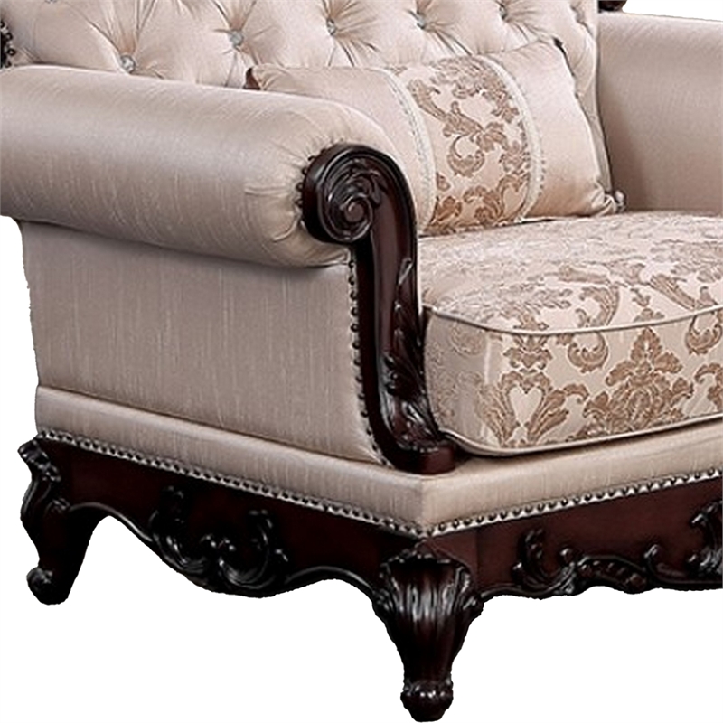 Vera Accent Chair- Tufted Jacquard Pattern- Carved Dark Cherry Brown- Brown