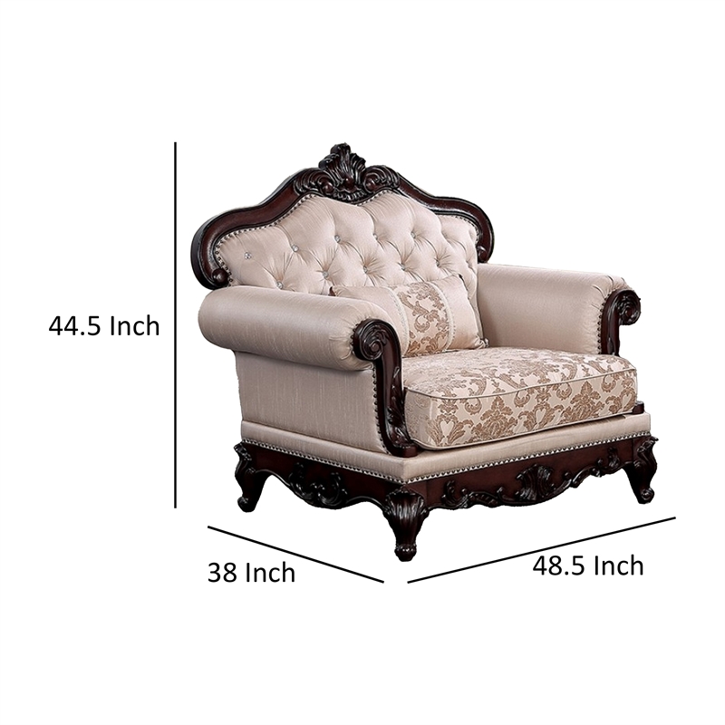 Vera Accent Chair- Tufted Jacquard Pattern- Carved Dark Cherry Brown- Brown