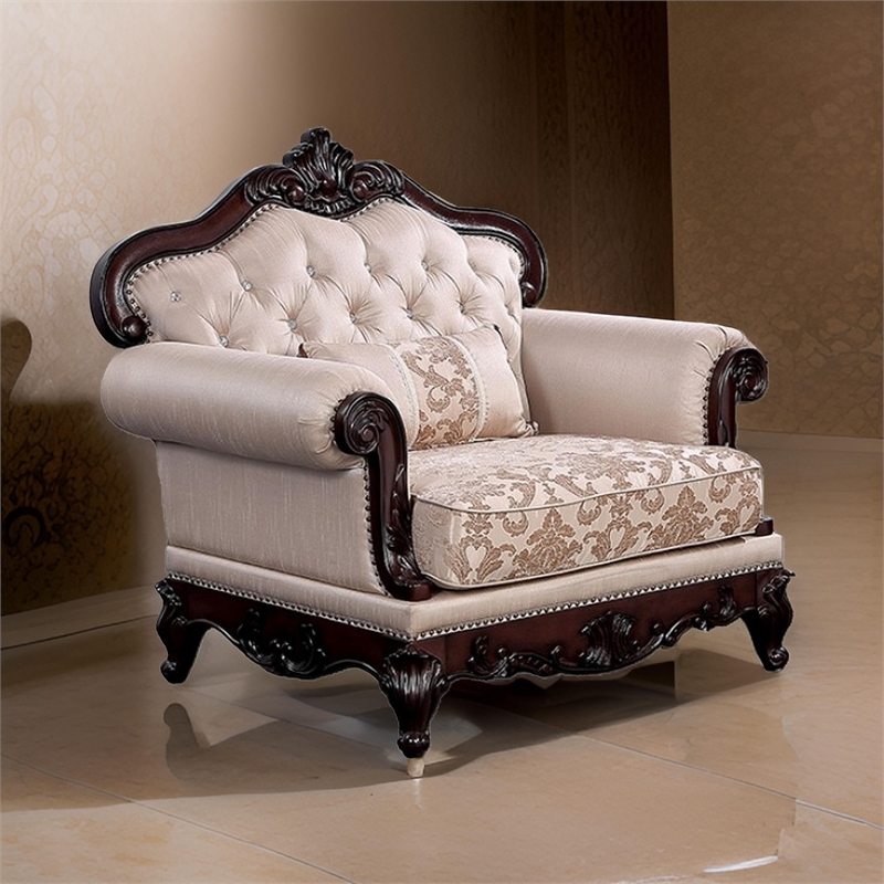 Vera Accent Chair- Tufted Jacquard Pattern- Carved Dark Cherry Brown- Brown