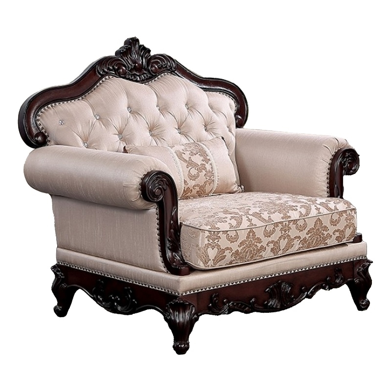 Vera Accent Chair- Tufted Jacquard Pattern- Carved Dark Cherry Brown- Brown