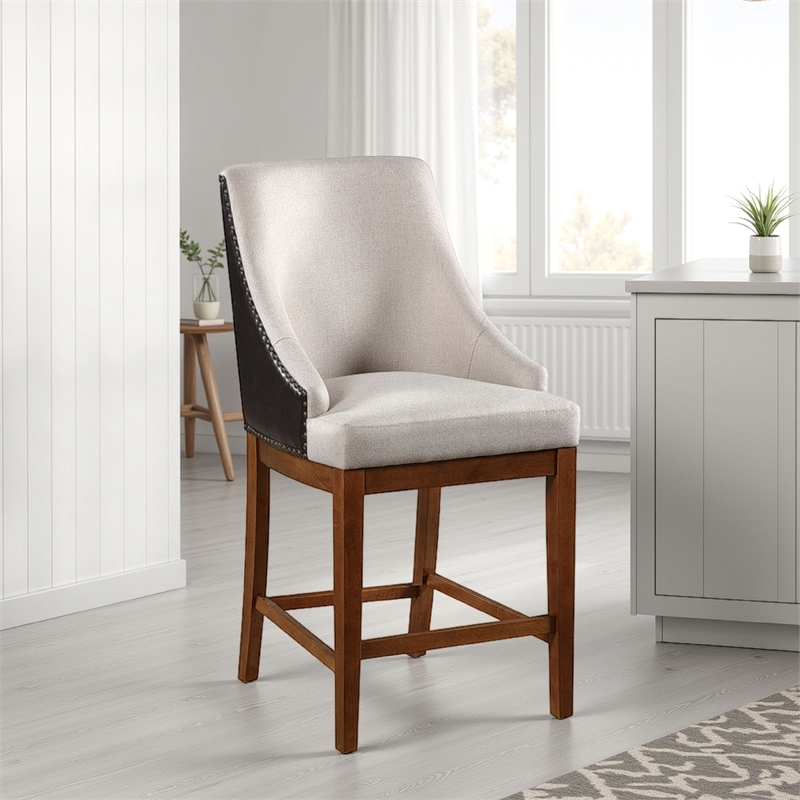 Elsie Counter Height Chair Set of 2- Black Faux Leather- Gray Fabric