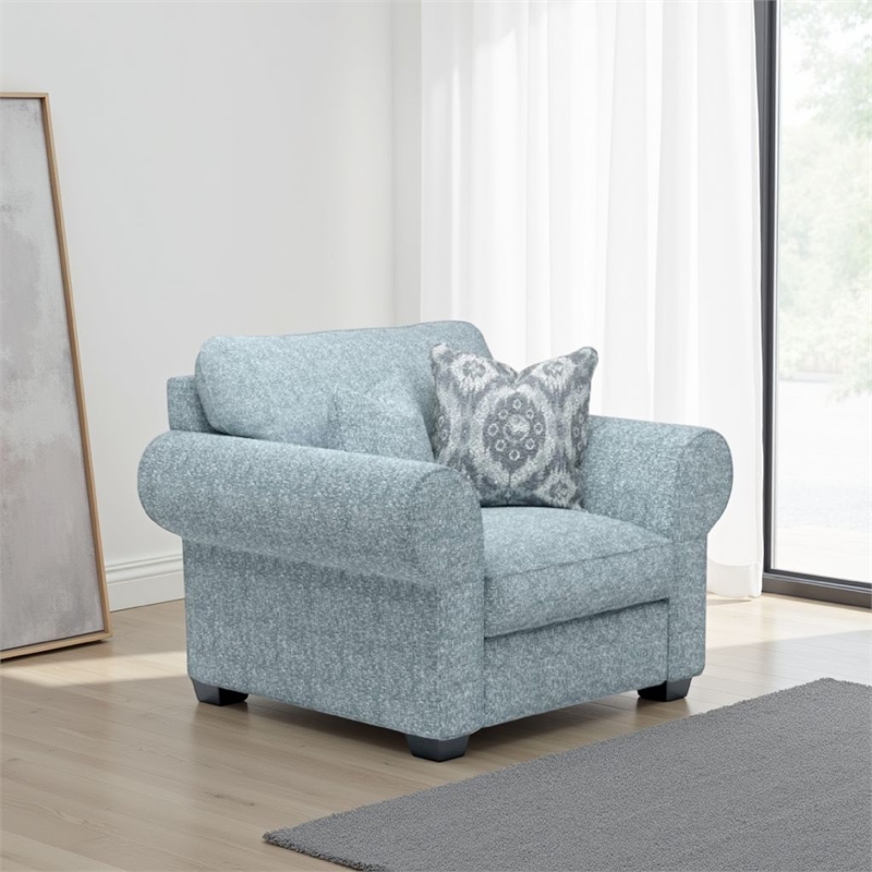 Berrie Accent Chair- Teal Blue Polyester- 2 Accent Pillow- Black Wood