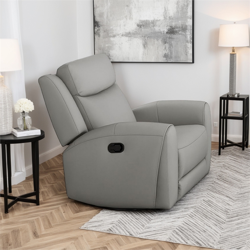 Cobe Manual Recliner Chair- Solid Wood and Soft Top Grain Gray Leather