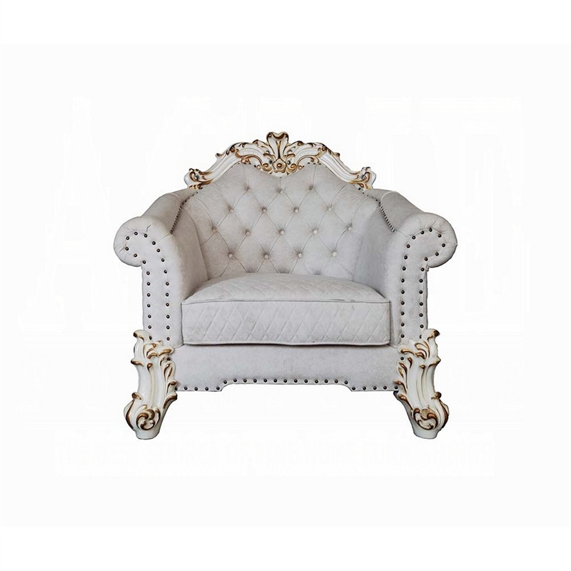 Antoine Accent Chair- 2 Pillows- Tufted Ivory- Antique Pearl White