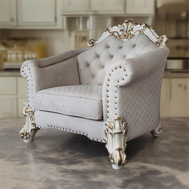 Antoine Accent Chair- 2 Pillows- Tufted Ivory- Antique Pearl White