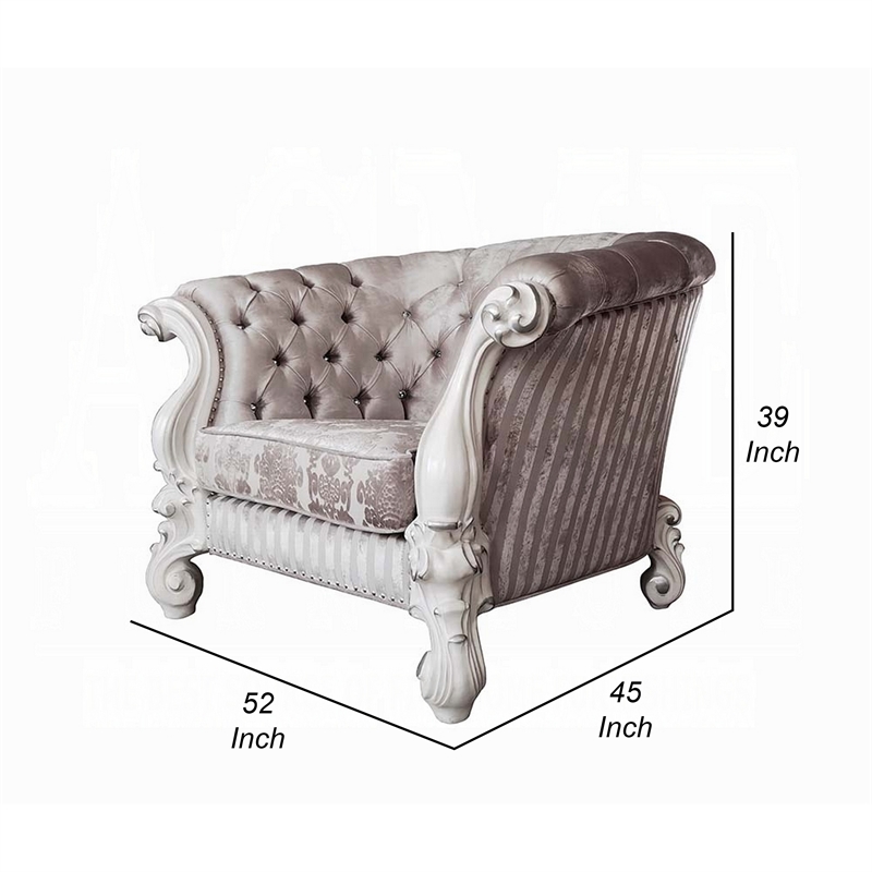 Kai Accent Chair- 2 Pillows- Tufted Ivory Fabric- Scrolled- White Wood