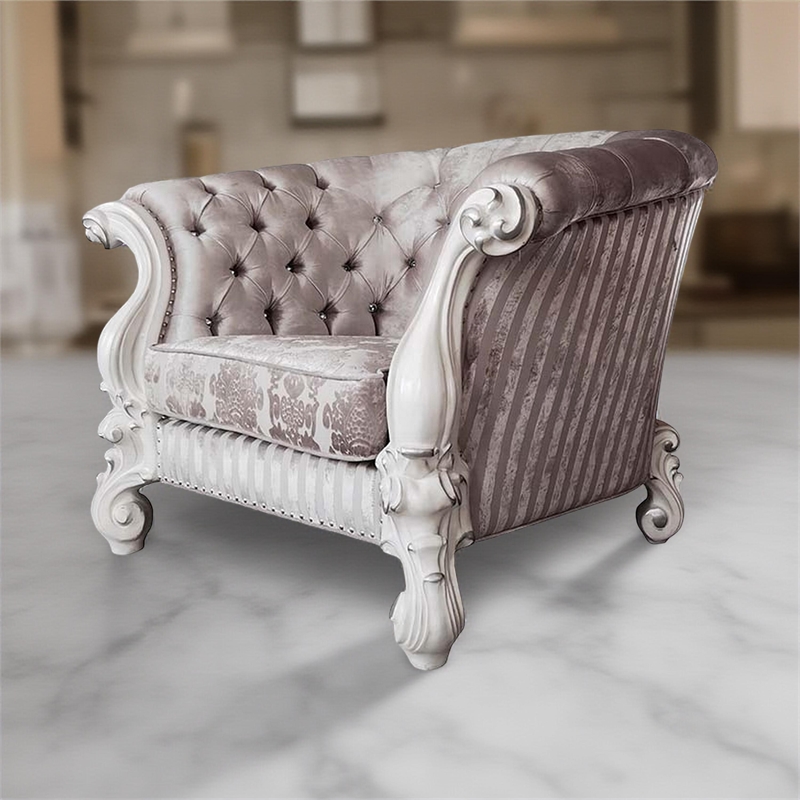 Kai Accent Chair- 2 Pillows- Tufted Ivory Fabric- Scrolled- White Wood