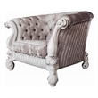 Kai Accent Chair- 2 Pillows- Tufted Ivory Fabric- Scrolled- White Wood