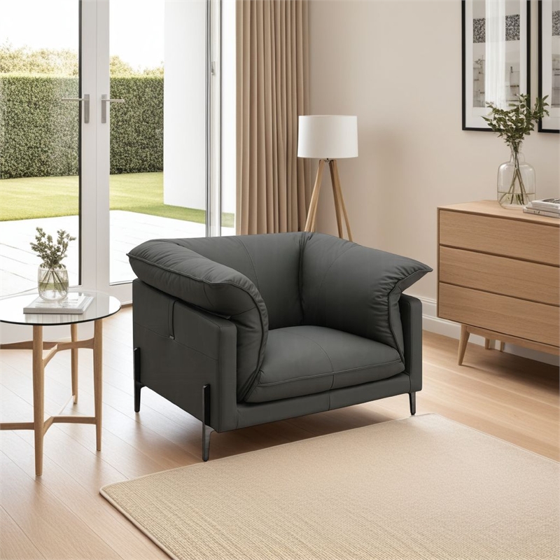 Semi Sofa Chair- Box Edge Design- Black Top Grain Leather- 69 Inch